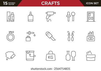 Set of Crafts outline icons related to carpentry. Pencil, pen, brush, bucket paint, palette knife, roller, palette, marker and more. Linear icon collection.