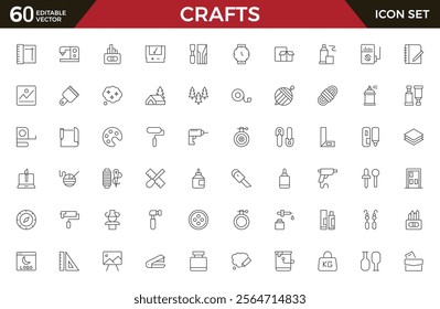 Set of Crafts outline icons related to carpentry. Pencil, pen, brush, bucket paint, palette knife, roller, palette, marker and more. Linear icon collection.