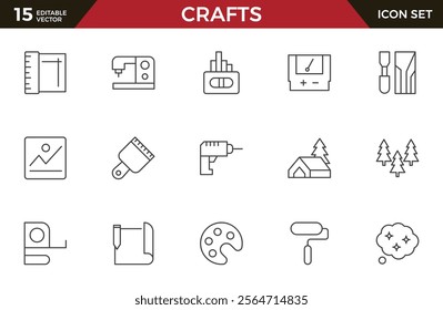 Set of Crafts outline icons related to carpentry. Pencil, pen, brush, bucket paint, palette knife, roller, palette, marker and more. Linear icon collection.