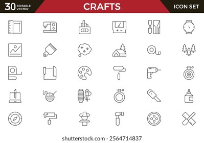 Set of Crafts outline icons related to carpentry. Pencil, pen, brush, bucket paint, palette knife, roller, palette, marker and more. Linear icon collection.