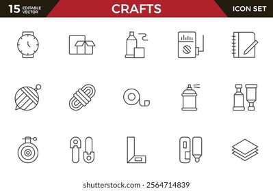 Set of Crafts outline icons related to carpentry. Pencil, pen, brush, bucket paint, palette knife, roller, palette, marker and more. Linear icon collection.