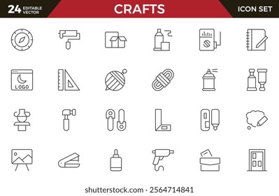 Set of Crafts outline icons related to carpentry. Pencil, pen, brush, bucket paint, palette knife, roller, palette, marker and more. Linear icon collection.