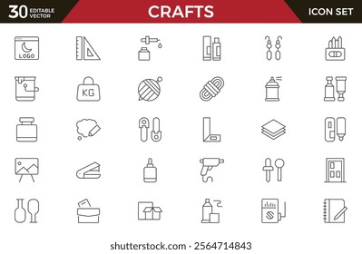 Set of Crafts outline icons related to carpentry. Pencil, pen, brush, bucket paint, palette knife, roller, palette, marker and more. Linear icon collection.