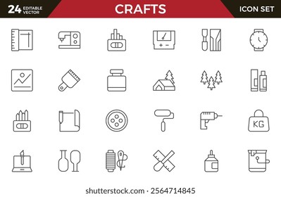 Set of Crafts outline icons related to carpentry. Pencil, pen, brush, bucket paint, palette knife, roller, palette, marker and more. Linear icon collection.