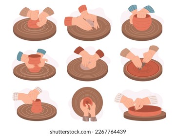 Set Craftsman Working On Pottery Wheel To Create A Handcrafted Pot. Different View Angles and Positions of Potter Molding Clay Isolated On White Background. Cartoon Vector Illustration