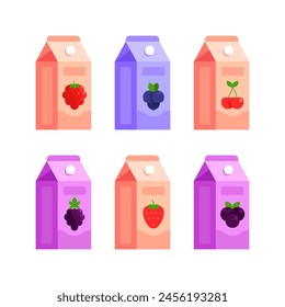 Set of cranberry, blueberry, blackberry, cherry, grape, strawberry, acai juice cartons. Flat icon set isolated on white background. Healthy fruit beverage concept for grocery stores and menu design