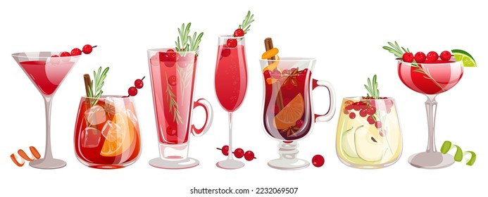 A set of cranberry cocktails.Winter Christmas drinks.Mimosa with cranberries, mulled wine, cranberry punch, white and red sangria, margarita and martini with cranberries.Festive cocktails.