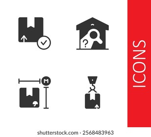 Set Crane with cardboard box, Carton, Cardboard measurement and Warehouse check icon. Vector