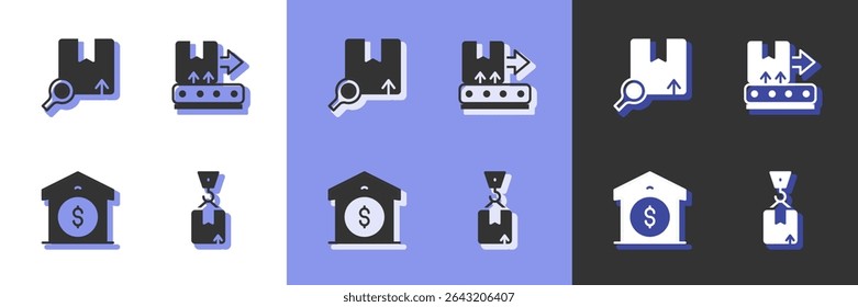 Set Crane with cardboard box, Search package, Warehouse price and Conveyor belt icon. Vector