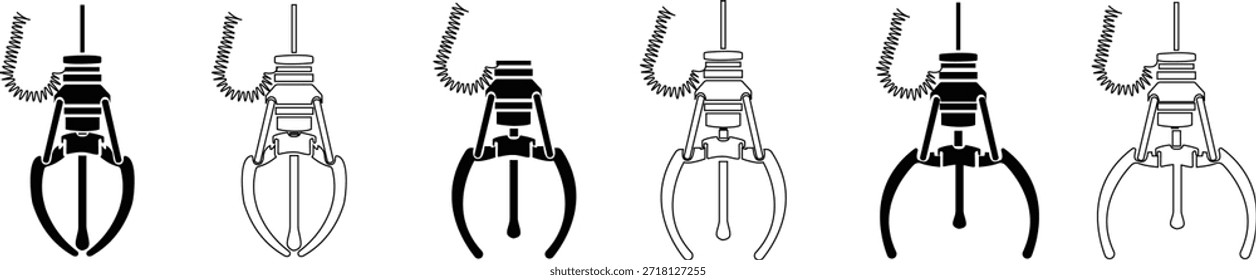 Conjunto de íconos de la máquina de garra de grúa, colección de símbolos de juguete de arcade grabber, grupo de Ilustraciones vectoriales de línea plana, agregar garra, pinza, receptor, dispositivo de recolección, negro