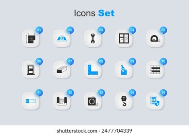 Set Crane hook, Brick, Worker safety helmet, Hand saw, Security keypad access panel, Bricks, House plan and Corner ruler icon. Vector