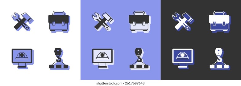 Set Crane hook, Hammer and wrench spanner, Worker safety helmet and Toolbox icon. Vector