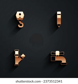 Ajuste gancho de grúa, Lápiz con borrador, tubería metálica de la industria e icono de grifo de agua con sombra larga. Vector