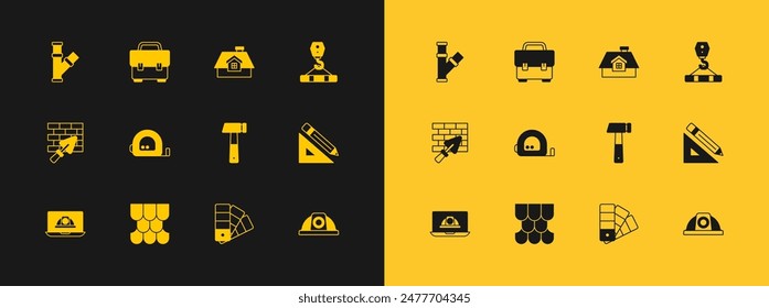 Set Crane hook, Roof tile, Hammer, Color palette guide, Roulette construction, House, Industry metallic pipe and Toolbox icon. Vector