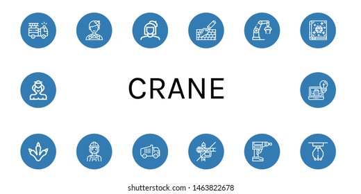 Set of crane icons such as Fire truck, Painter, Trowel, Crane, Spellbook, Claws, Builder, Garbage truck, Construction, Driller, Claw machine, Sumo, Architecture , crane