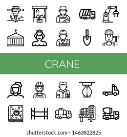 Set of crane icons such as Jackhammer, Crane, Claw machine, Sumo, Painter, Builder, Garbage truck, Trowel, Spellbook, Scaffolding, Tank truck, Construction site, Tow truck , crane