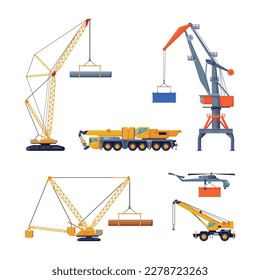 Set of cranes. Construction and cargo crane, heavy special machinery flat vector illustration