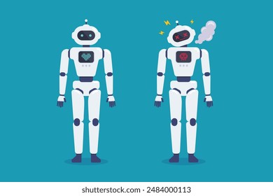 Set of crash broken error robot and normal robot. Cyborg Technology and Futuristic Intelligence Machine. Vector illustration