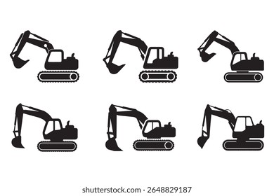 Set of crawler excavator icon vector silhouette, construction excavator equipment icon set silhouette vector illustration on white background 