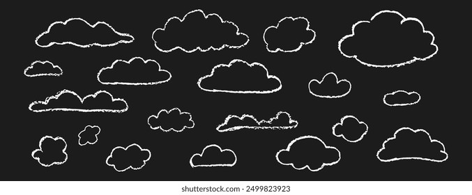 Set of crayon abstract clouds. Hand drawn cartoon overcast sky. Vector illustration of collection of white eddy on black background. Imitation of children drawing with pencils contour design element