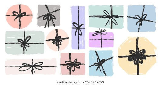 Set of crayon, brush stroke texture gift boxes with tied bows. Brush stroke gift boxes with ribbon and bow. Present box, prize, gift for holiday, celebration party. Template vector gift, present boxes