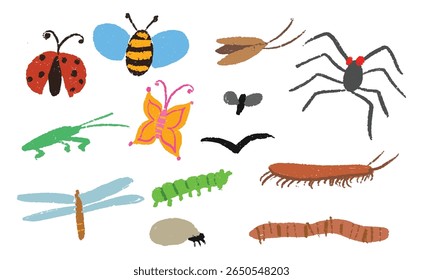 Conjunto de insetos de giz de cera, criança louca doodle textura de carvão vegetal de verme, borboleta, baratas, aranha, centopeia, pássaro, abelha e muito mais