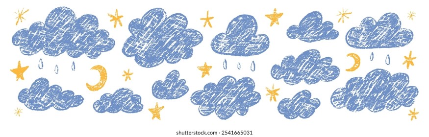 Conjunto de nubes de crayón, estrellas y gotas. Dibujado a mano Vector niños ilustración de crayón aislado sobre fondo blanco.