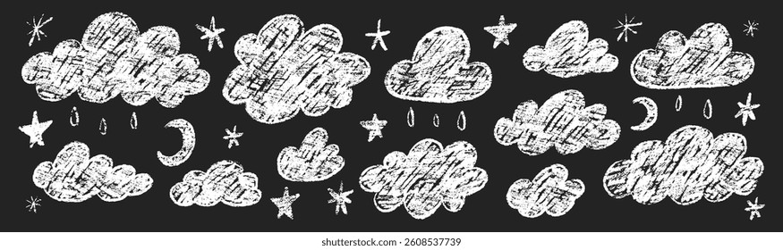 Conjunto de nubes de crayón. estrellas y gotas. Dibujado a mano Vector niños ilustración de crayón aislado sobre fondo negro.