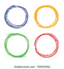 Set of crayon colorful hand drawing round design elements with multicolor pastel chalks texture. Wax crayon or pencil red, green, blue, yellow circle frames background. Vector. 