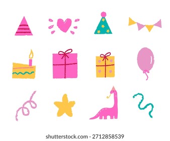 Conjunto de artículos de fiesta de doodle de crayón con una rebanada de pastel de cumpleaños, caja de regalo, sombrero de cono de fiesta, globo de fiesta y bunting triángulo. Perfecto para crear tarjetas de cumpleaños, invitaciones, proyectos de manualidades para niños.