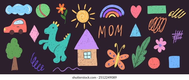 Set with crayon drawing rainbow, flowers and car. Childlike style illustration