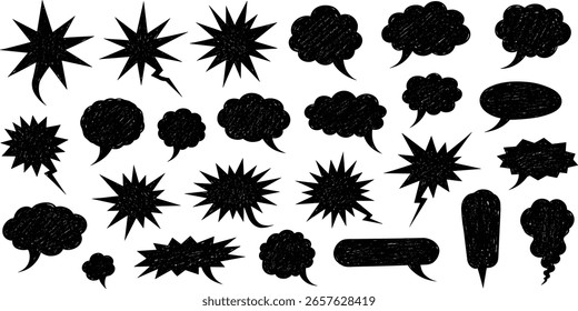 Conjunto de burbujas de discurso negro dibujado en crayón, globos de conversación con textura de lápiz. 