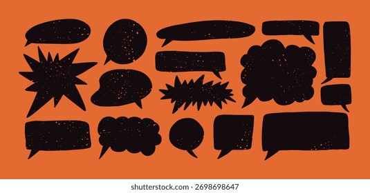 Satz von mit Buntstift gezeichneten schwarzen Sprechblasen, Sprechblasen mit Bleistifttextur. Handgezeichnete Vektorexplosionsballons. Comic-Sprechblasen im Skizzenstil. Explosionsbombeneffekt, Spritzen, Ausrufen.