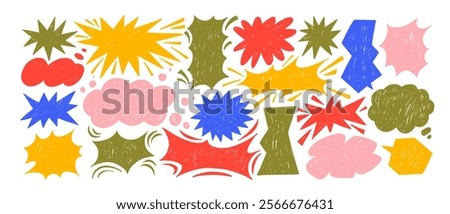 Set of crayon drawn colorful speech bubbles, talk balloons with pencil texture. Hand drawn vector explosion balloons. Comic speech bubbles in sketch style. Explosion bomb effect, splash, exclamation.
