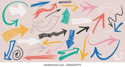 Set of crayon drawn folded, curved arrows. Hand draw kid style colorful elements with pencil texture, scribble vector icons. Thick punk grunge geometric arrows collection. Vector art arrows.