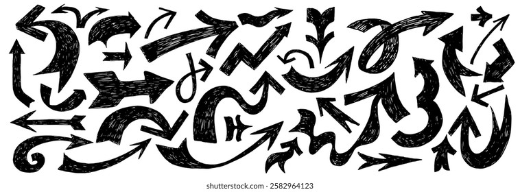 Set of crayon drawn folded, curved arrows. Bold vector elements with pencil texture, scribble icons. Collection of thick kid grunge geometric abstract arrows. Grunge doodle black different directions.
