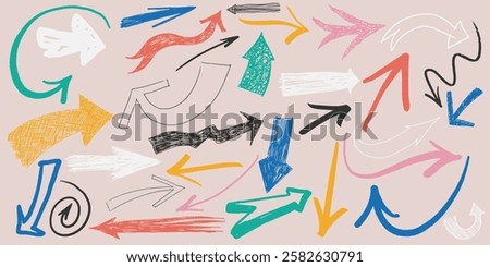 Set of crayon drawn folded, curved arrows. Hand draw kid style colorful elements with pencil texture, scribble vector icons. Thick punk grunge geometric arrows collection. Vector art arrows.
