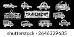 Set of crayon drawn vehicles including police, passenger car, ambulance, fire truck, taxi and train. Wax pastel squiggles with charcoal grunge texture for nursery kindergarten education style. Vector