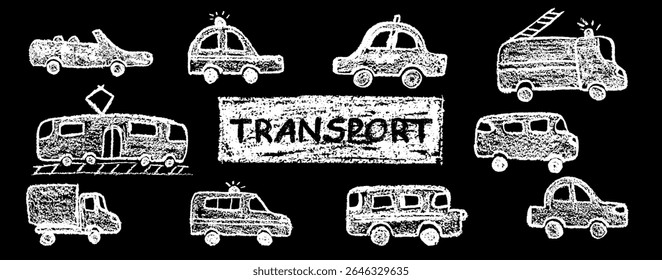 Set of crayon drawn vehicles including police, passenger car, ambulance, fire truck, taxi and train. Wax pastel squiggles with charcoal grunge texture for nursery kindergarten education style. Vector