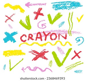 Un conjunto de énfasis en el crayon. subraya el carbón negro de strikethrough. doodle freehand Grupo de flechas y marcos de remolque con tiza, diagramas. subrayado curvo, cruces, círculos y comprobación