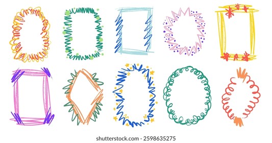 Set of crayon frames with colorful, lines and hand-drawn shapes. Square, circle, cloud, dots, triangle doodle scribbles. Vector illustration
