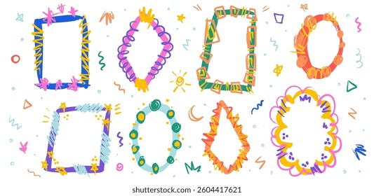 Set of crayon frames with colorful, lines and hand-drawn shapes. Square, circle, cloud, dots, triangle doodle scribbles. Vector illustration