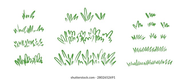 Set of crayon green grass border. Hand drawn field frame. Kid sketch drawing. Garden vector illustration chalk scribble. Grass freehand grass boarder. Simple childish funky bush, tuff forest landscape