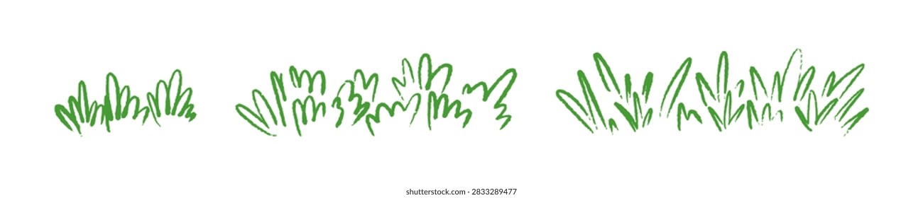Set of crayon green grass border. Hand drawn field frame. Kid sketch drawing. Garden vector illustration chalk scribble. Grass freehand grass boarder. Simple childish funky bush, tuff forest landscape