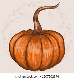Set crayon halloween pumpkins with leaves wreath. Autumn Halloween or Thanksgiving pumpkin symbol. Pumpkin vector for printing on textiles, paper, packaging, wallpaper, menu.