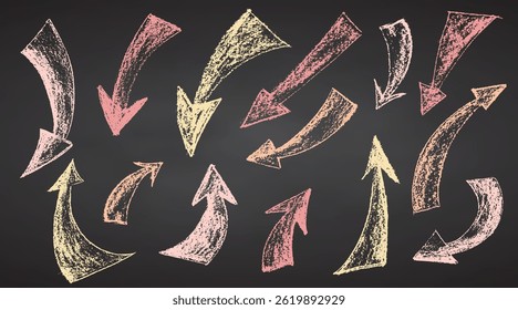 Set crayon hand drawn pastel arrows in different directions on black chalkboard Chalk, brush drawing bold elements Collection doodle thick geometric collage shapes Brutal contemporary figures Vector.