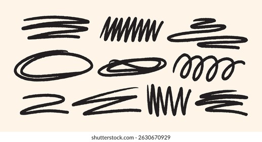 
Set of Crayon Hand Drawn Scribble Lines. Underline Zigzags, Swirls, Ovals, Circles, Marker Doodle Elements with Grunge Rough Texture. Vector Illustration Design