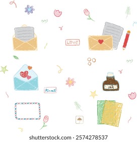 Set of crayon letters and envelops with greeting postcards, holiday mails,love letters, ink and invitation card. 