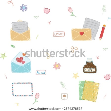Set of crayon letters and envelops with greeting postcards, holiday mails,love letters, ink and invitation card. 