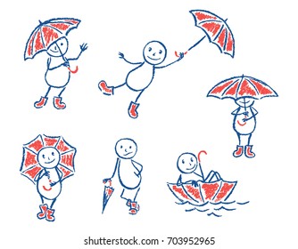 Set of crayon like kid`s hand drawn funny doodle man and umbrella. Vector cartoon pastel chalk or pencil comic characters. Playing persons with smiley, laugh, happy. Little boy in autumn rain fall.